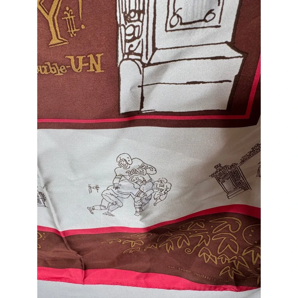 Vintage Brown University Silk Scarf Ivy League Collegiate Crest Brown Red White